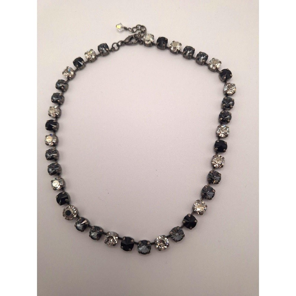 Vintage rhinestone necklace black gray clear faceted stones silver tone 50s